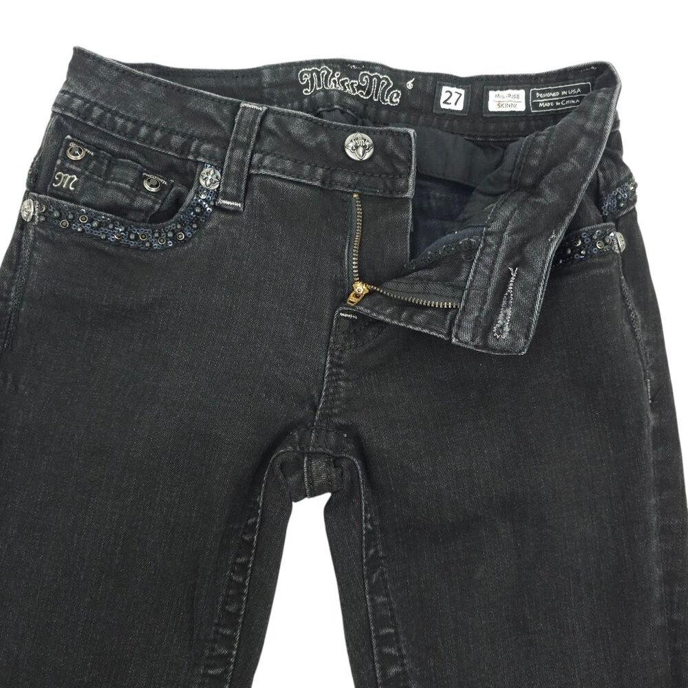 Miss Me Jeans Mid Rise Skinny Black Size 27 Stretch Studs Rhinestones Sequins - Picture 16 of 16